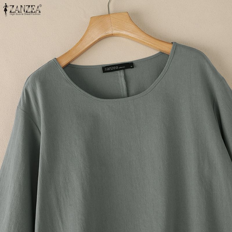 ZANZEA Women Casual Round Neck 3/4 Sleeve Loose Irregular Blouse