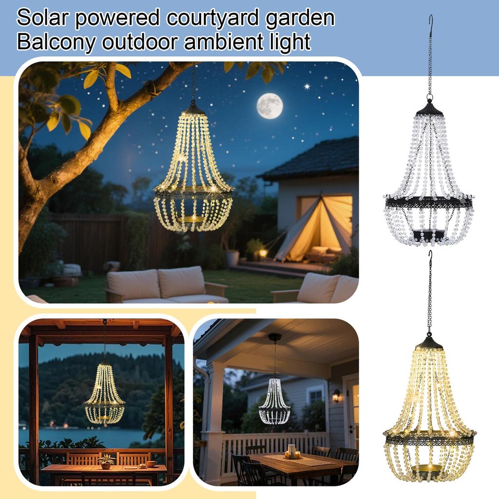 Outdoor Solar Powered Hanging Chandelier Light for Garden Patio Balcony Decorative Ambient Lighting with Beaded Design and Metal Frame