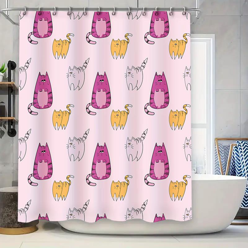 

Adorable Cartoon Cats Shower Curtain Pink White Printed Fabric Waterproof Decorative For Bathroom Ideal Gift For Cat Lovers! W60H190(CM)-1 Pcs