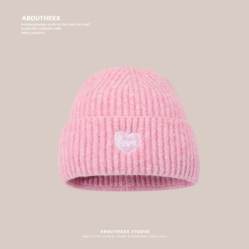 Love Embroidered Woolen Hat for Women Autumn and Winter New Style Large Head Circumference Knitted Hat Large Version Warm Ear Protection Cold Hat