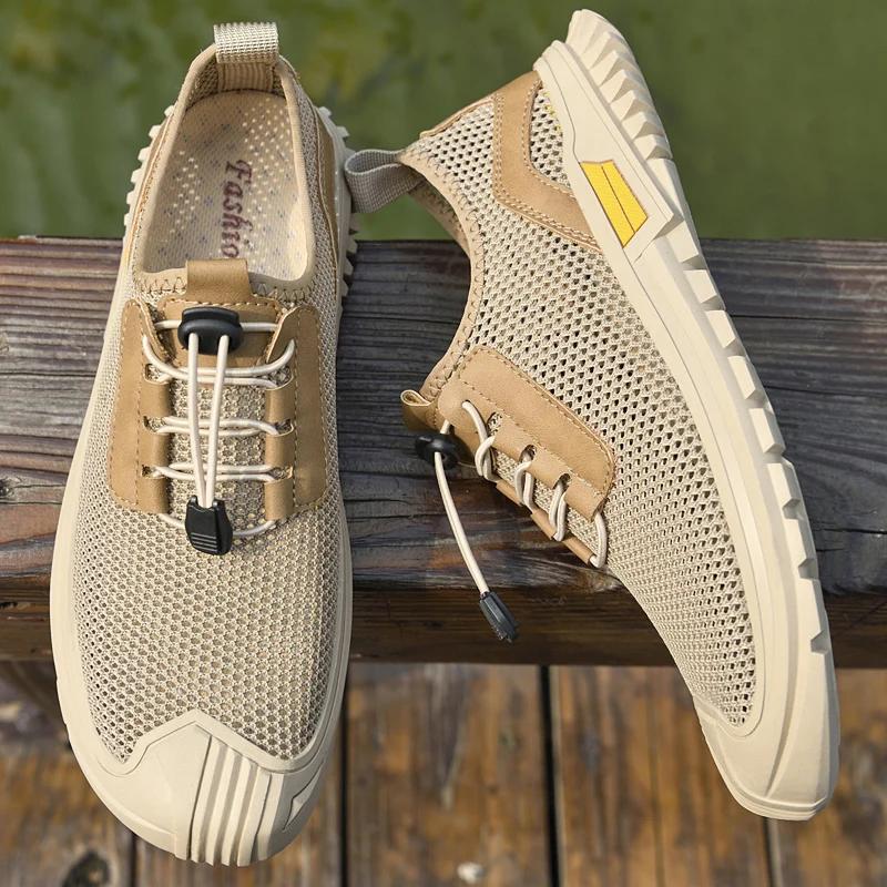 Breathable Mens Shoes Non-slip Rubber Summer Sports Mesh Shoes Outdoor Walking Sports Sneakers Lace-up Casual Trekking Footwear