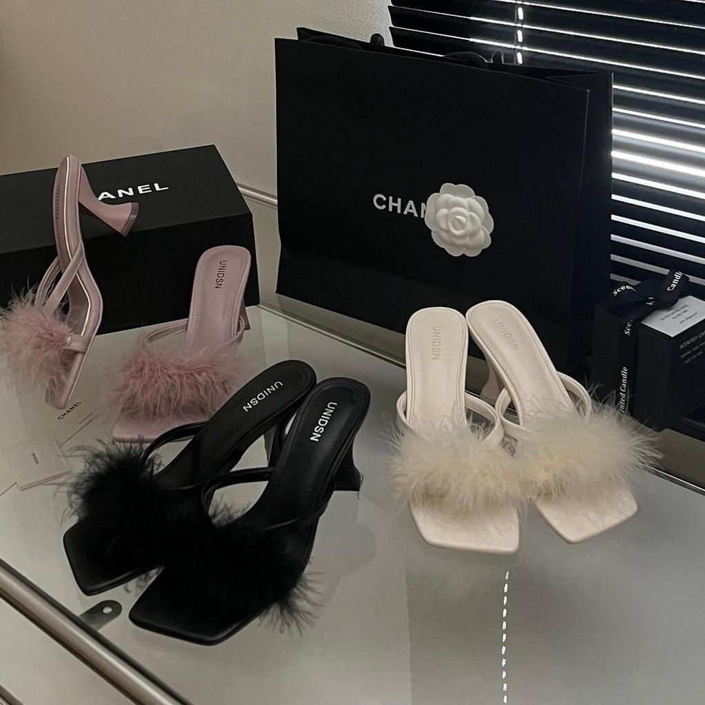 Fashion Women's Shoes Thick Heel Niche Sandals Versatile Sandals Internet Celebrity Going Out Mao Mao Slippers Women Wear 2024 Autumn New Models