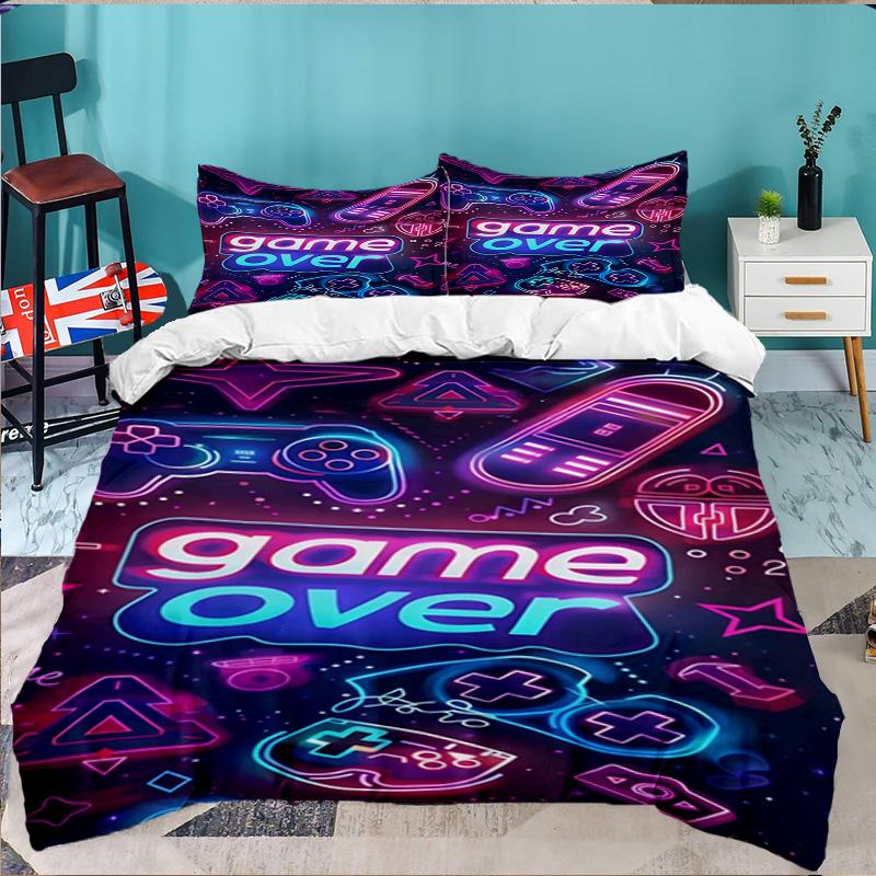 Neon Game Over Art 3PCS Bedding set,Ideal for 1pc Duvet Cover And 2pcs Pillowcases Perfect for Fan gift,Ideal for Bedroom, Dormitory