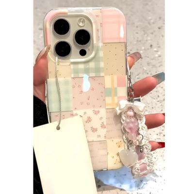 Korejský květinový patchwork kostkovaný držák 16Promax Pouzdro na mobilní telefon Vhodné pro IPhone15Pro Dvouvrstvé 14Pro13