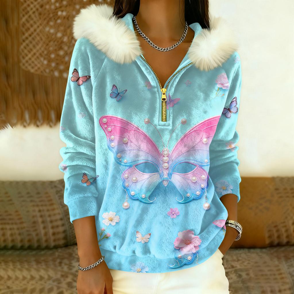 Damen Lockerer Und Bequemer Lässiger Mode Halb-Reißverschluss Kapuzenpullover Langarm Karnevals-Print Oberteil