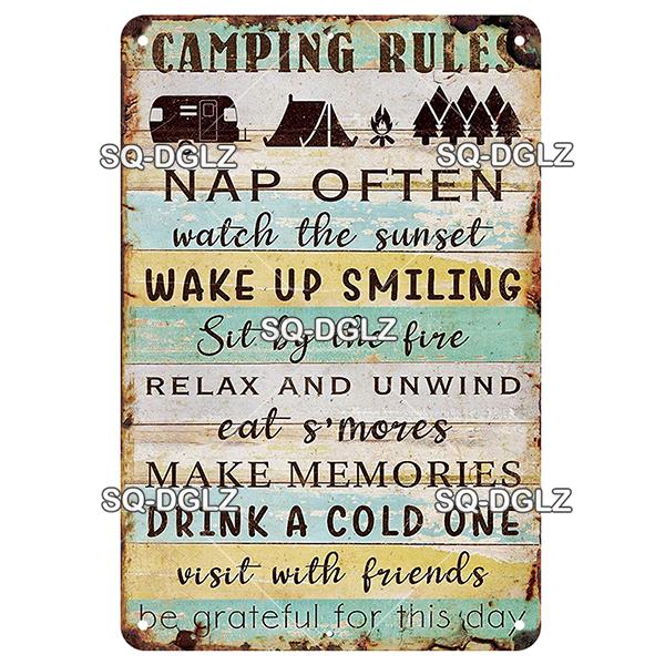SQ-DGLZ Vintage Camping Rules Relax Metal Sign Plate Tin Sign Plate Home Bar Door Wall Decor Sticker Decoration Plaque Poster
