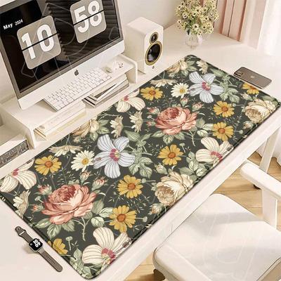 Großformatige Tischunterlage mit Vintage-Blumenmuster, rutschfest, Bürodekoration, Schreibtischmatten, strapazierfähige Nähte, Gummi-Setup, Tastaturzubehör