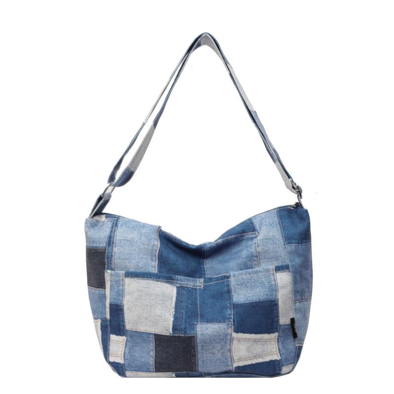 Große Kapazität Damen Denim Umhängetasche Patchwork Student Pendler Schultertasche