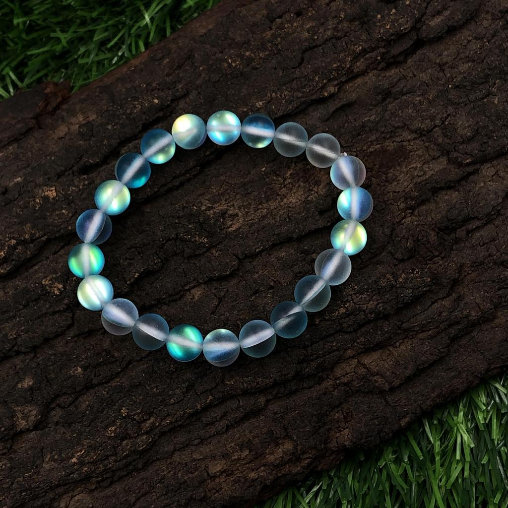 Náramek z korálků 8mm Přírodní Matný Aura Křemen 7.5" Ručně vyráběný Aqua Modrý Matný Pružný Unisex Dárek RBB-86
