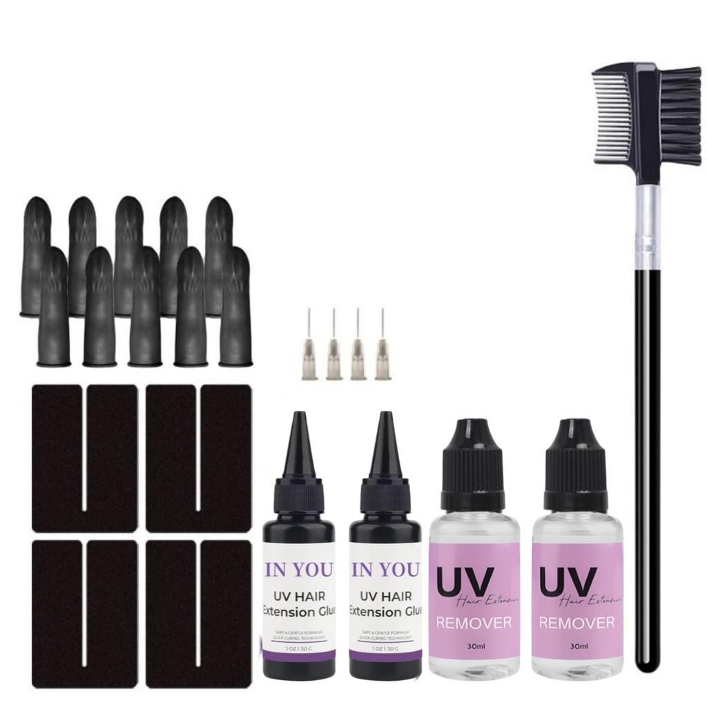 

Complete UV Hair Extension Kit: 2x30g Glue + 2x30ml Remover | 4 UV Shields & Combs | Salon-Quality Application & Removal Set Accessories