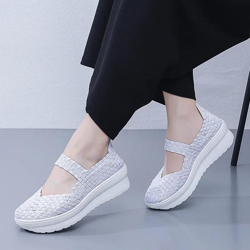 Fashion Summer new handmade woven shoes mesh shoes breathable sloping heels increased height thick sole casual women's shoes