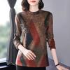 Women's Round Neck T-shirt Autumn and Winter Fashion Contrast Color Printed Argyle Loose Fitting Long Sleeved Pullover Tops