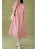 Korean Style Cotton Linen Retro Long Dress for Women, Spring/Summer 2026 Collection, Short Sleeve with Shirt Collar