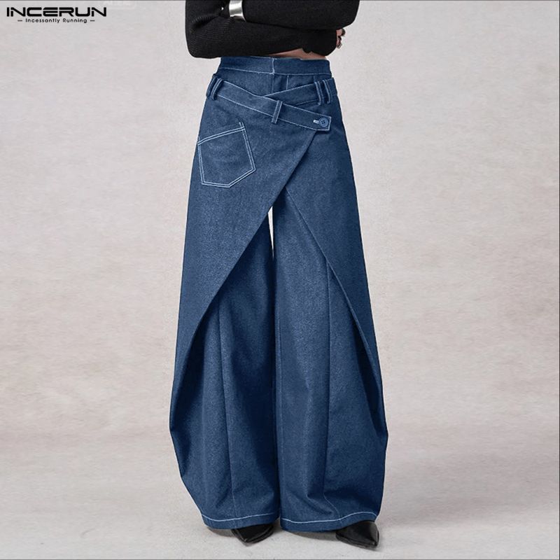 INCERUN Pantaloni Casual cu Fermoar pentru Bărbați, cu Talie Înaltă, Petrecuți în Față, cu Picioare Lungi și Largi