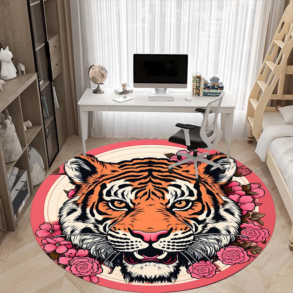 1pc Tiger Flowers Office Round Area Rug, Indoor Mat Suitable For Office, Under Office Chairs Bedroom Living Room Home Decor, Room Deco