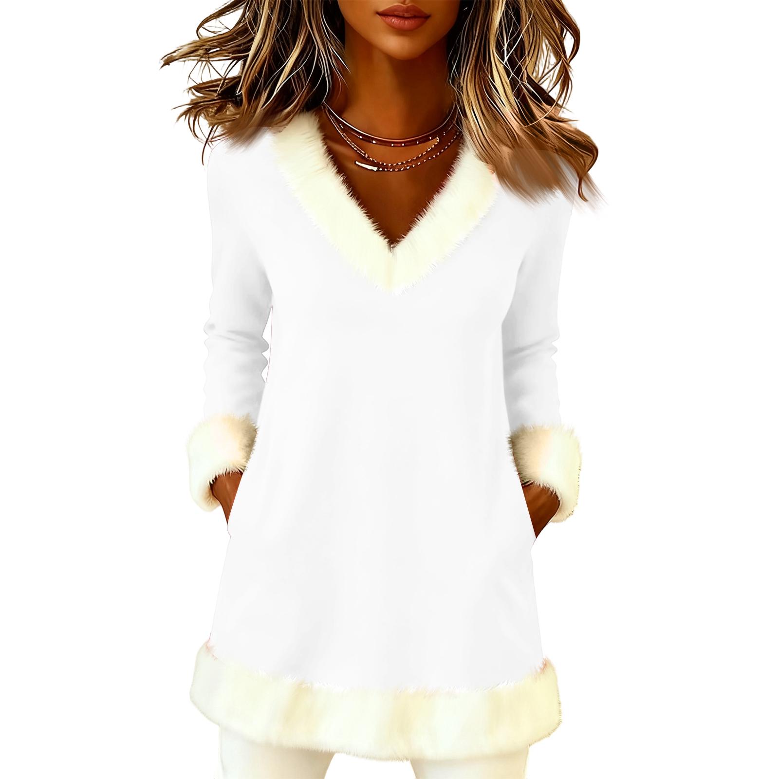 

Women s Christmas Fashion Plush V-neck Pullover Sweater Solid Color Long Sleeve Top XL белый