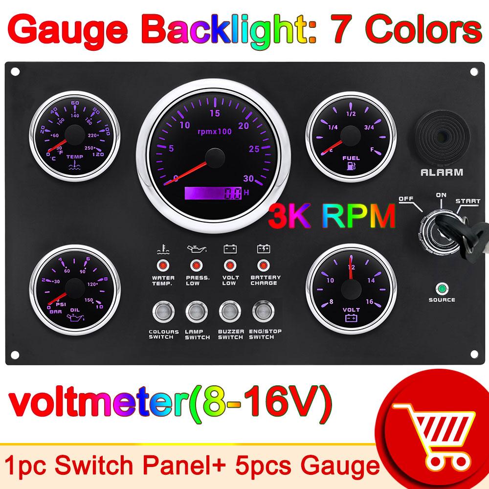 

AD 5 Gauge Set Switch Panel 12V 24V 4 Button Panel Light Toggle Gauge For Car Marine Boat 4K-8K Tachometer Water Temp Fuel Level