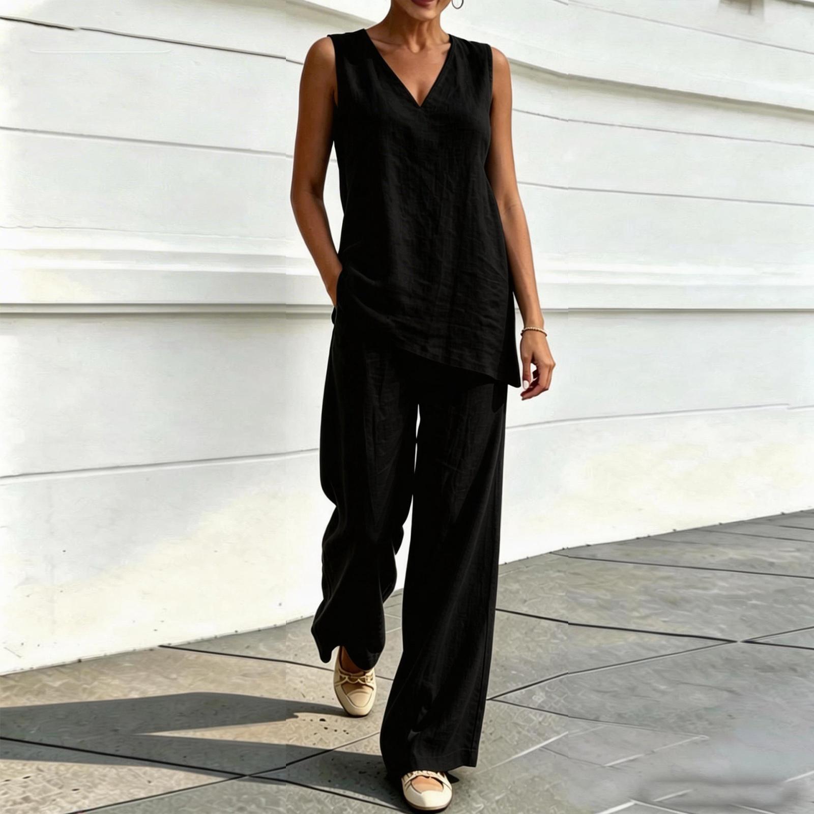 

Women Sleeveless V Neck Linen Cotton Top and Wide Leg Pants Two Piece Set Casual Loose Fit Summer Outfit XXL чёрный