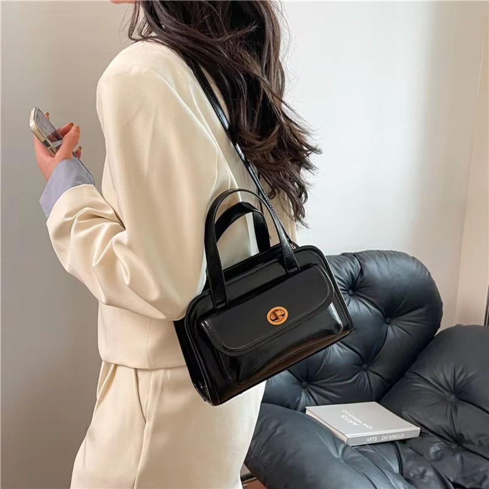 Solid Color Pocket Boston Tote Bag Handbag Underarm Bag Temperament PU Bowling Bag  Women