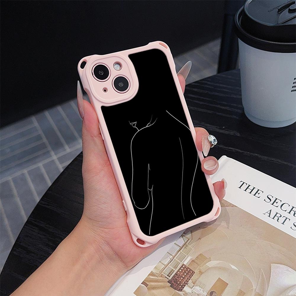 Ae79 Femme Framed Black Art Soft Phone Cases for iPhone 16 15 14 13 12 11 Pro Max 7 8 Plus XR XS with Wrist Strap Lanyard Corner Protection Back Cover