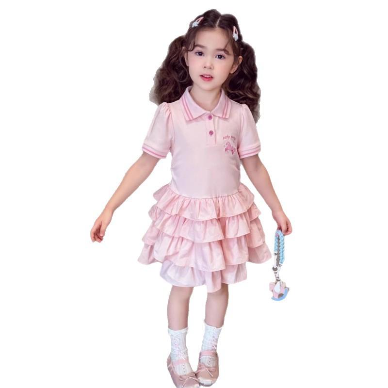 Girls Summer Polo Dress Short Sleeve Preppy Tiered Cake Skirt Princess Party Outfit
