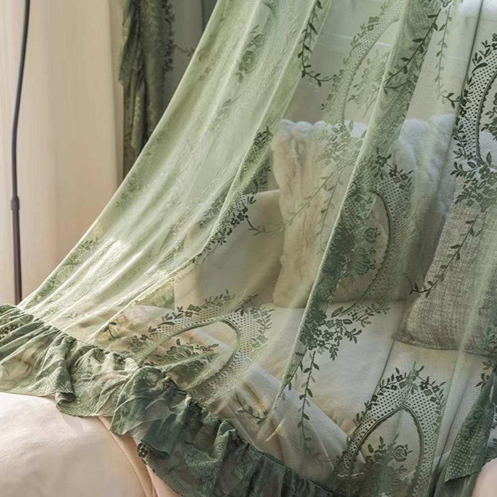 2 Pcs Ruffled Edge Gauze Curtain Retro Lace Sheer Curtain Romantic French Lace Floral Curtain  Door