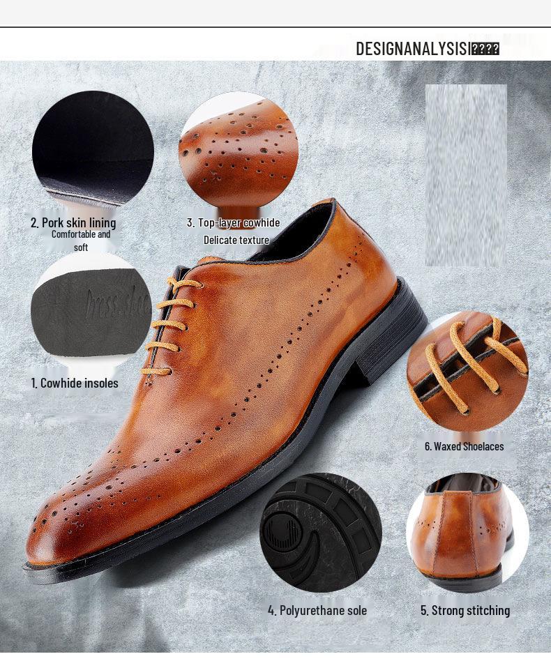 Men's Carved Leather Brogue Derbies - First Layer Cowhide, Business Formal or Casual Wear