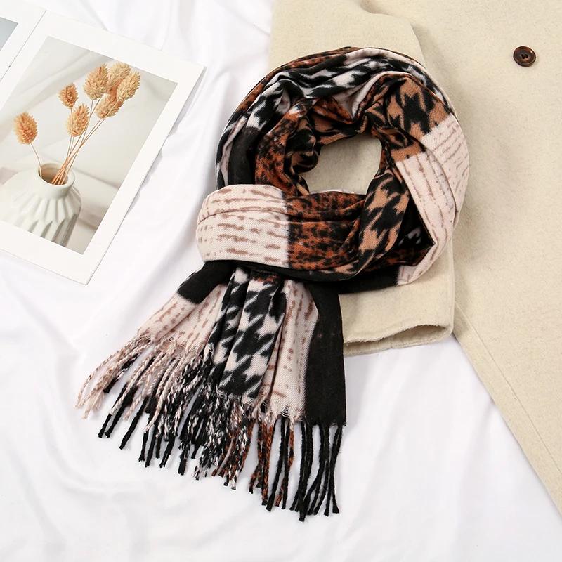 Luxury Plaid Cashmere Shawl Leopard Print Scarf For Women Autumn Winter Warm Wraps Outdoor Windproof Muffler Tassels Scarves