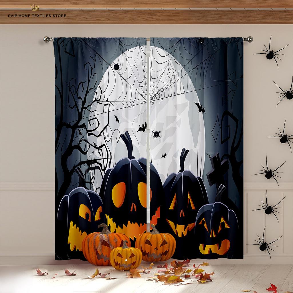 Halloween Horror Pumpkin Cartoon Print Curtains, Blackout, Heat Insulation, Restaurant, Bedroom, Party Decoration