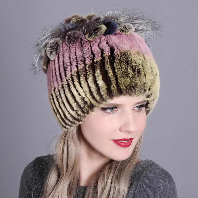 Colorful Rex Rabbit Fur Knitted Women's Warm Winter Hat