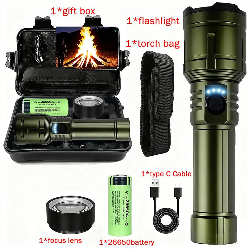 Flashlight Lighter & Power Bank Combo,Rechargeable,Zoomable Super Bright Beam,5 Modes Flashlight for Outdoor Camping Emergency