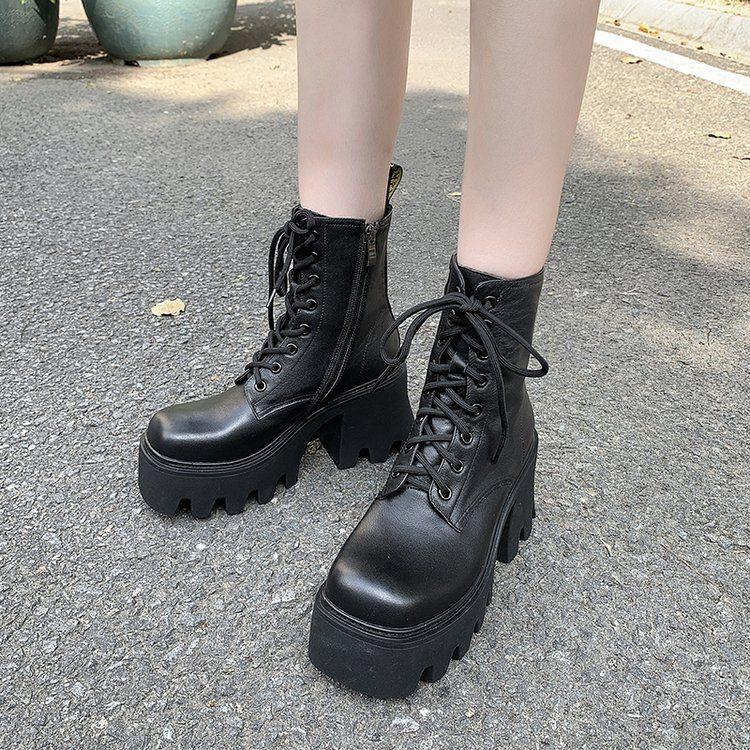 2025 Frühling und Herbst neue Martin Stiefel Damen Plateau Erhöhung Kurzstiefel Einzelstiefel Britischer Stil Dicke Ferse Hoher Absatz Quadratische Spitze Zeigt fe