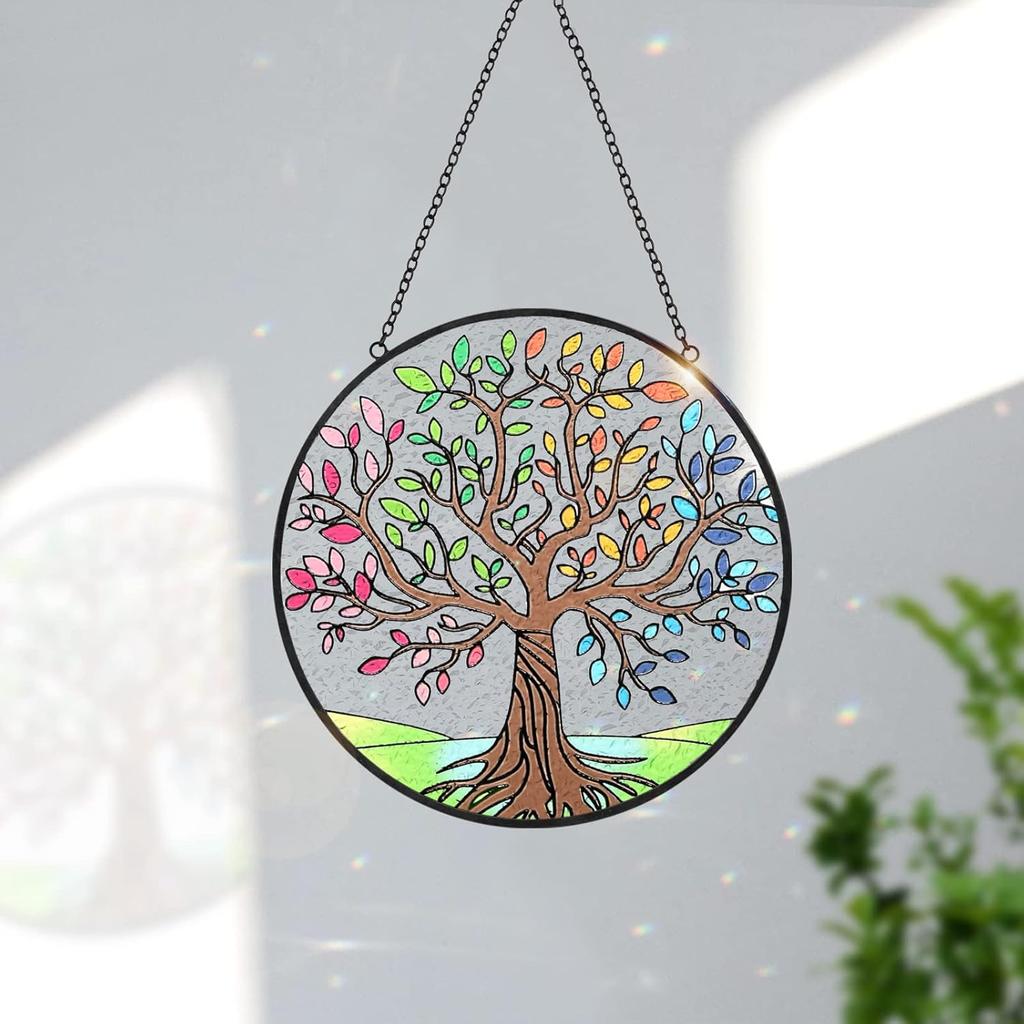 Tuitessine Tree of Life Stained Glass Suncatcher Four Season Theme Colorful Leaves Window Wall Hanging Ornament Hand-Painted Glass Panel Decor Gift