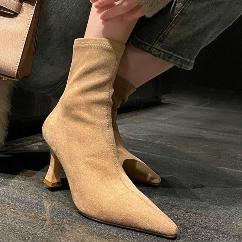 Vintage Women Ankle Boots Fashion Pointed Toe Shoes Autumn Winter High Heel Ladies Elegant Stretch Slim Short Booties