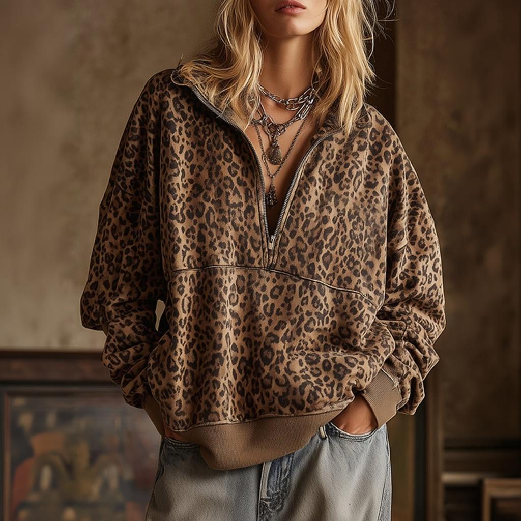 Damen Vintage Leopardenmuster Reißverschluss Sweatshirt Lockerer Schnitt mit Kragen für den Herbst