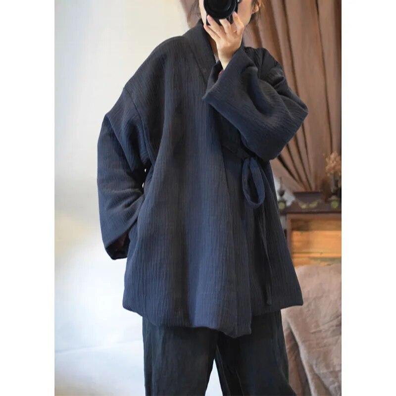 Johnature Kış Kadın Keten Çin Tarzı Pamuklu Giyim Uzun Kollu Düz Renk Pamuklu Giyim