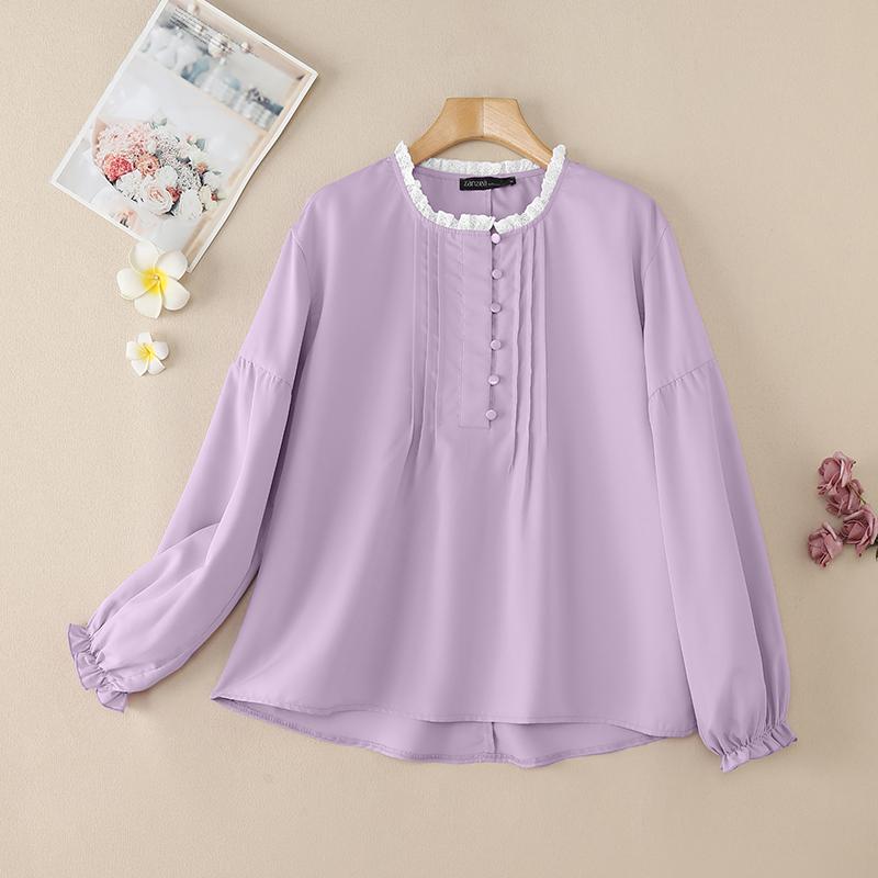 ZANZEA Women Casual Round Neck Loose Long Sleeve Blouse