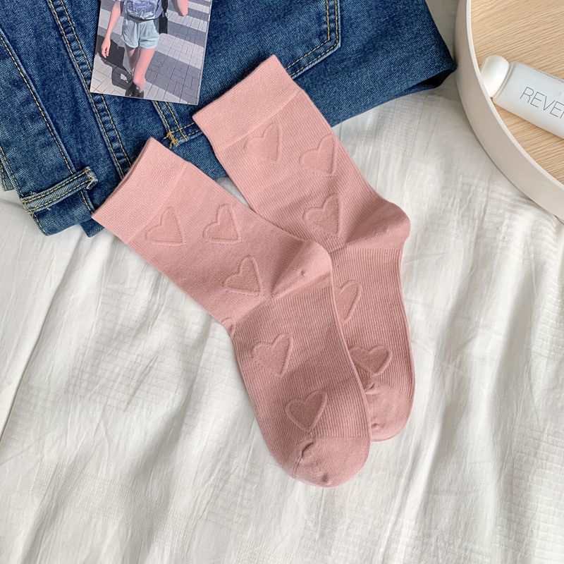 Heart Embossment Middle-tube Socks Women JK Lolita Kawaii Cute Socks Casual Fashion Solid Color Cotton Breathable Long Socks Sox