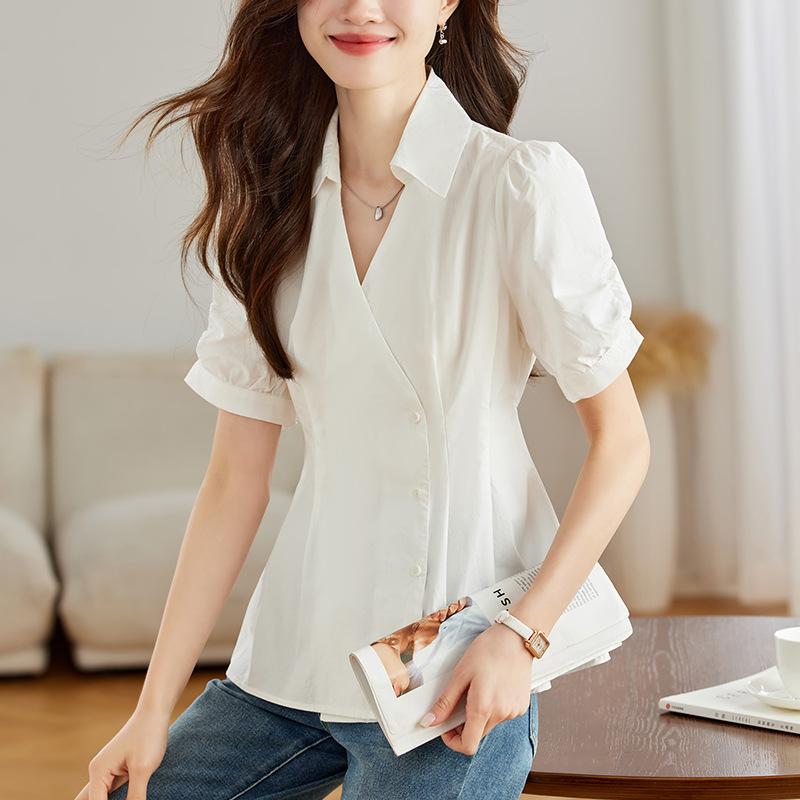 Sky Blue Lapel Slim Short-sleeved Shirt for Women In Summer Temperament Commuting French V-neck Niche Shirt