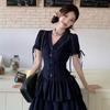 - Korean lace v-neck short-sleeved dress for women's summer new slim-fitting waist a-word puffy short skirt