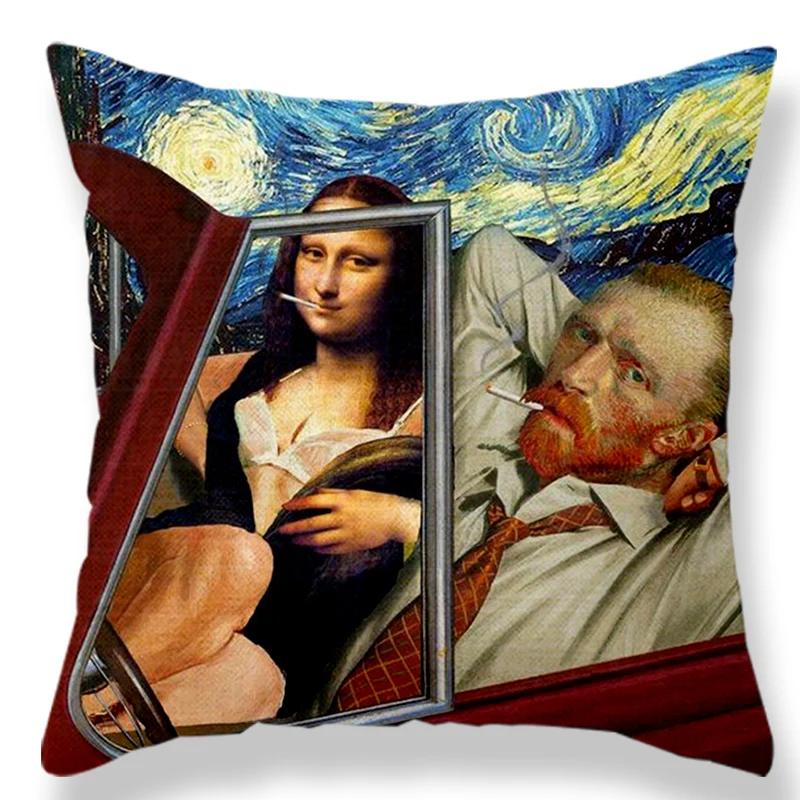 Portrait Oil Painting Cotton Linen Cushion Cover Mona Lisa Pillow Case Decorative For Sofa Car Chair Gift 45x45cm