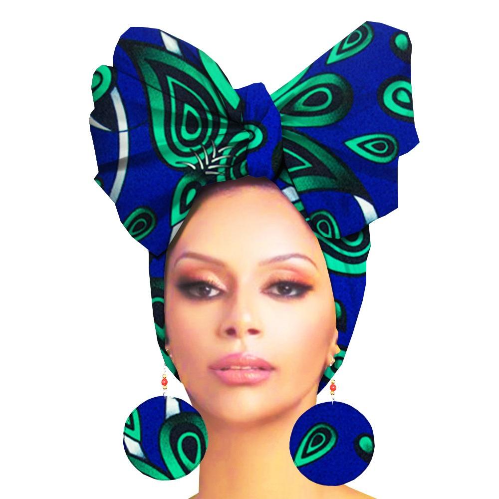 

Африканский принт Повязка на голову Шарф Женский и подходящие серьги-капли Вощеный хлопок Головные платки Бандана Набор повязок на голову Аксессуары для волос One Size
