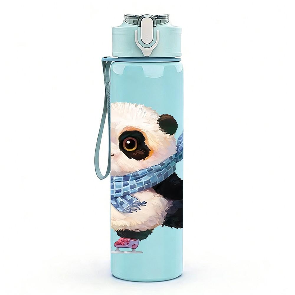 1PC Panda Wearing Blue Scarf Pattern 750ml Color Plastic Sports Water Bottle Leakproof Flip Straw Lid Suitable for Sports Office Home Use