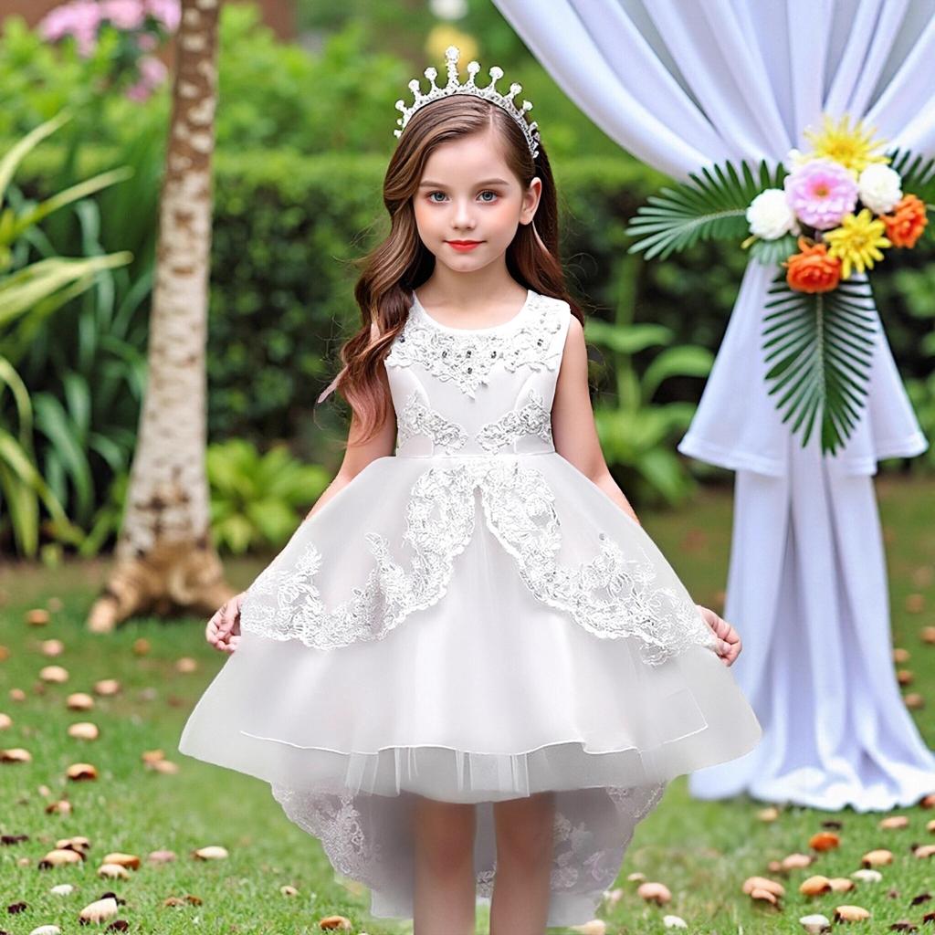 Children's formal wear: princess dresses, embroidered girls' dresses, lace dresses, flower girl dresses with trains, and puff-skirted dresses