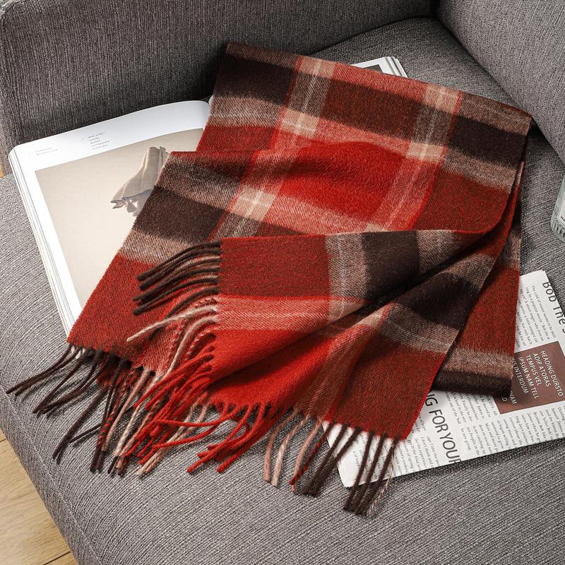 

Fashion pure wool plaid velvet scarf British fringed scarf autumn and winter men s couple simple shawl to keep warm 30*175CM