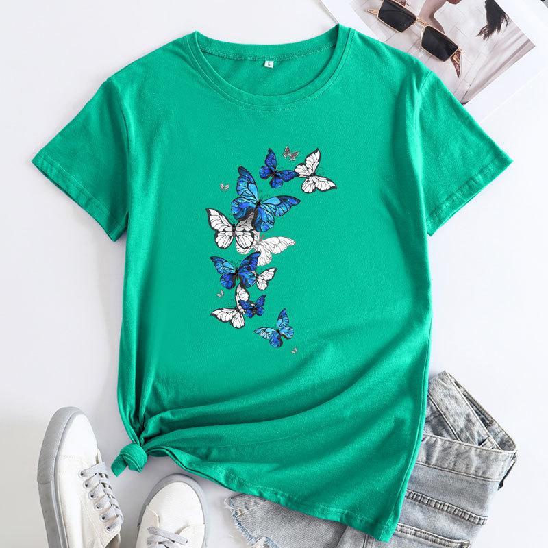 Summer Round Neck Fluttering Butterfly Pattern Printed Top Fashionable Casual Short Sleeved Women's Pure Cotton T-shirts