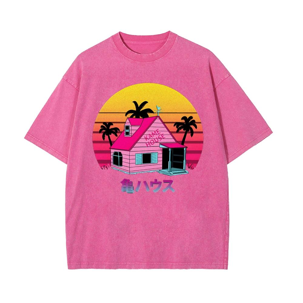 Cartoon Anime Style Sunset Print Women's T-Shirt Loose Wash Oversized Fashion Short Sleeve Cotton American Retro Street Tee