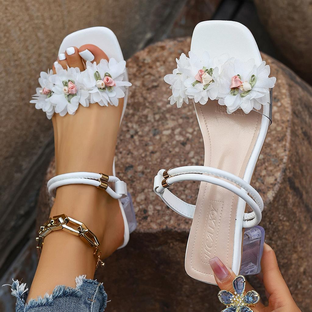 Summer Women High Heel Sandals Crystal Buckle Thick Heel Slippers Fashionable Floral Sandals Designer Rubber Sole Simple Shoes