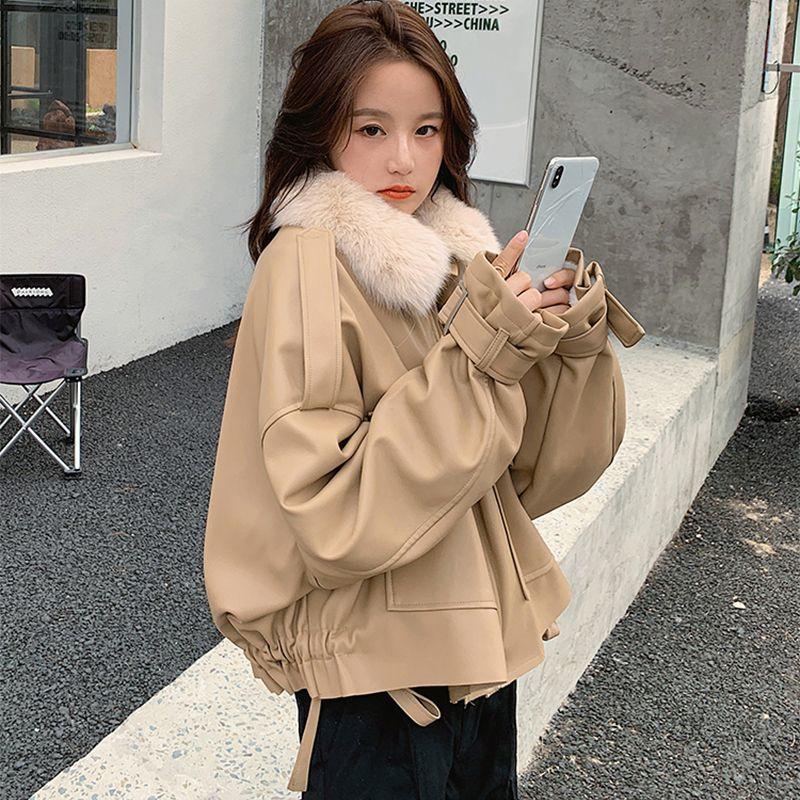 Zimní kožená parka s fleecovou podšívkou pro ženy Korejská volná krátká bunda Teplý svrchní oděv