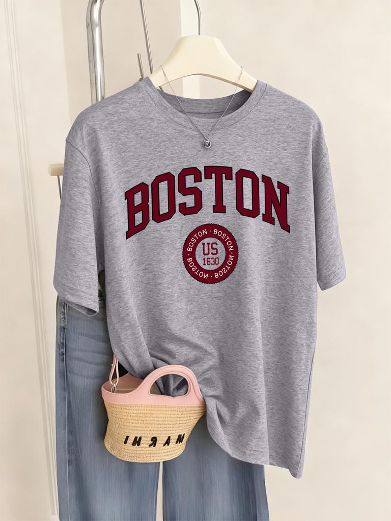 Boston City Us 1630 Letter Prints TShirts Womens Summer Basic T Shirts ONeck Soft Short Sleeve Tops Casual Loose Woman Clothes